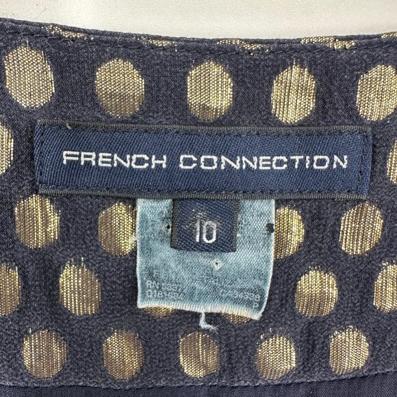 3/$25 French Connection Silk Tunic Mini Dress 10 Metallic Polka Dots Navy Blue - Picture 3 of 11